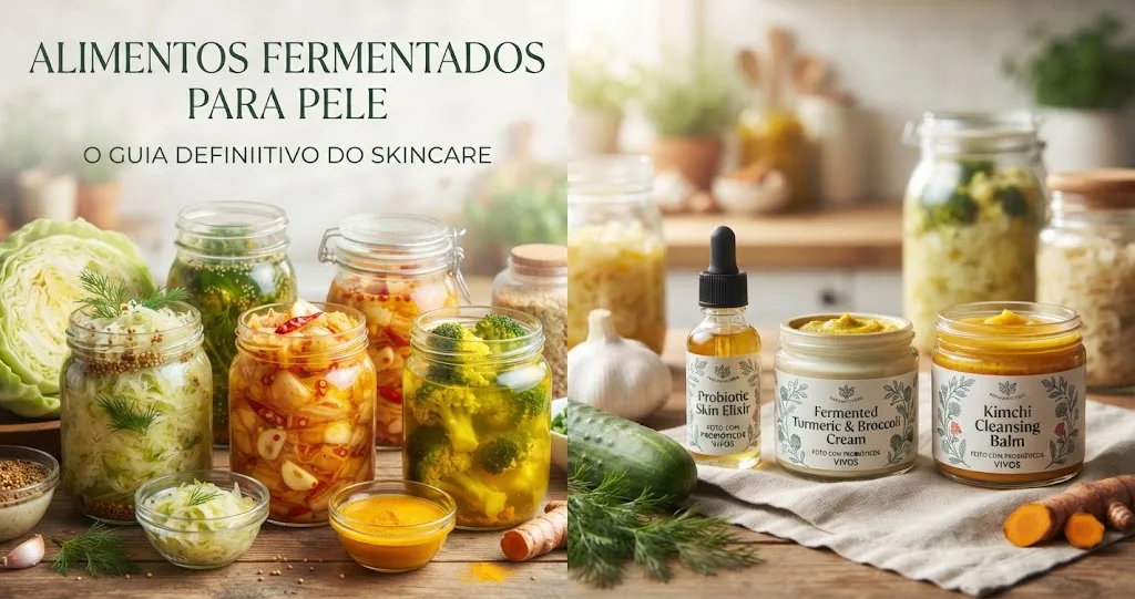 Guia completo de alimentos fermentados para pele, exibindo potes de vidro com vegetais em conserva, kimchi e séruns probióticos naturais sobre uma mesa de madeira.