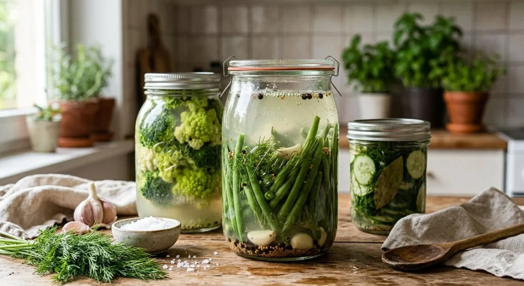 Três potes de vidro com picles fermentados de vegetais verdes, como brócolis, vagem e pepino em rodelas, imersos em salmoura sobre uma mesa rústica de madeira com dentes de alho, sal grosso e ramos de dill fresco espalhados ao redor da bancada.