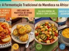 Banner em 4 colunas coloridas com o título "Bobolo: A Fermentação Tradicional da Mandioca na África Central". Mostra receitas de bobolo tradicional, grelhado, salada morna e bobó de camarão cremoso.