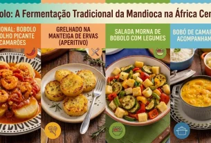Banner em 4 colunas coloridas com o título "Bobolo: A Fermentação Tradicional da Mandioca na África Central". Mostra receitas de bobolo tradicional, grelhado, salada morna e bobó de camarão cremoso.