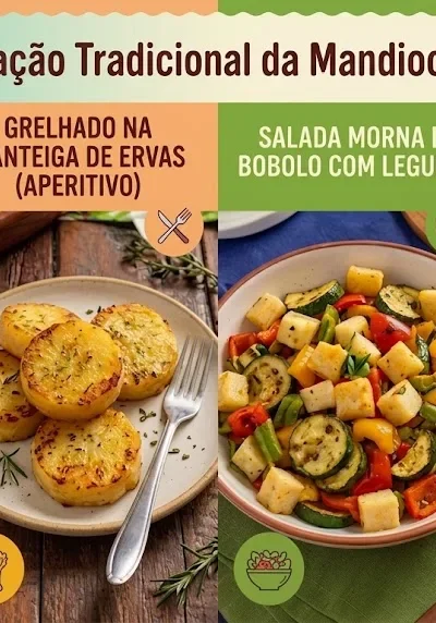 Banner em 4 colunas coloridas com o título "Bobolo: A Fermentação Tradicional da Mandioca na África Central". Mostra receitas de bobolo tradicional, grelhado, salada morna e bobó de camarão cremoso.