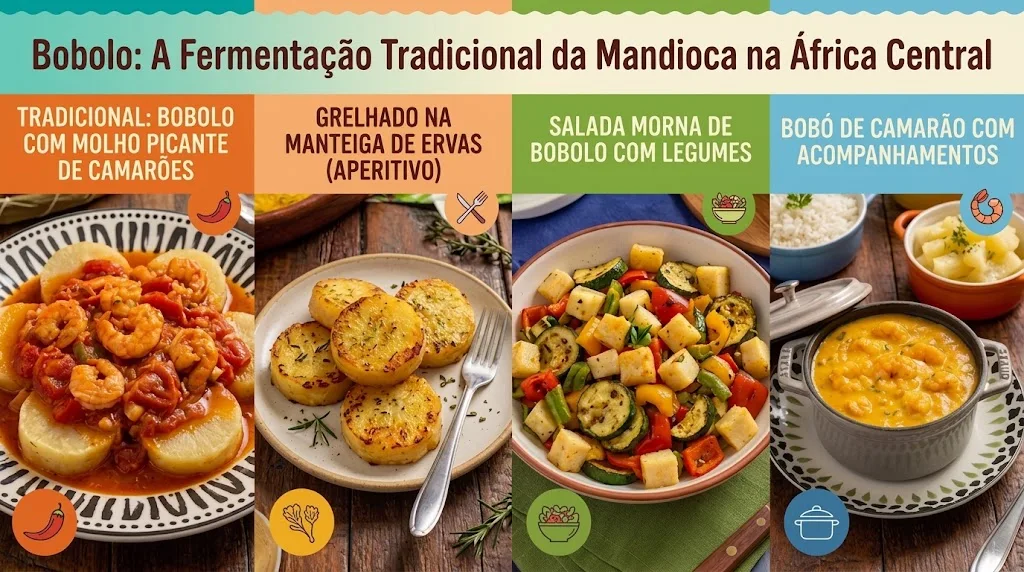 Bobolo: A Fermentação Tradicional da Mandioca na África Central Banner em 4 colunas coloridas com o título "Bobolo: A Fermentação Tradicional da Mandioca na África Central". Mostra receitas de bobolo tradicional, grelhado, salada morna e bobó de camarão cremoso.