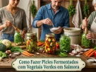 Três pessoas na cozinha preparando picles artesanais de vegetais verdes. Elas organizam brócolis, vagem e pepino em potes de vidro sobre uma mesa rústica repleta de ingredientes frescos, temperos e potes com salmoura no meio da produção.