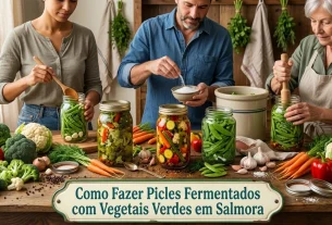 Três pessoas na cozinha preparando picles artesanais de vegetais verdes. Elas organizam brócolis, vagem e pepino em potes de vidro sobre uma mesa rústica repleta de ingredientes frescos, temperos e potes com salmoura no meio da produção.