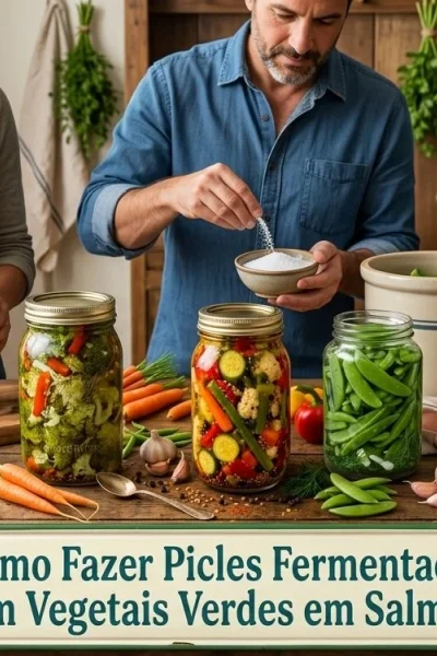 Três pessoas na cozinha preparando picles artesanais de vegetais verdes. Elas organizam brócolis, vagem e pepino em potes de vidro sobre uma mesa rústica repleta de ingredientes frescos, temperos e potes com salmoura no meio da produção.