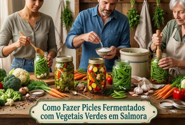 Três pessoas na cozinha preparando picles artesanais de vegetais verdes. Elas organizam brócolis, vagem e pepino em potes de vidro sobre uma mesa rústica repleta de ingredientes frescos, temperos e potes com salmoura no meio da produção.