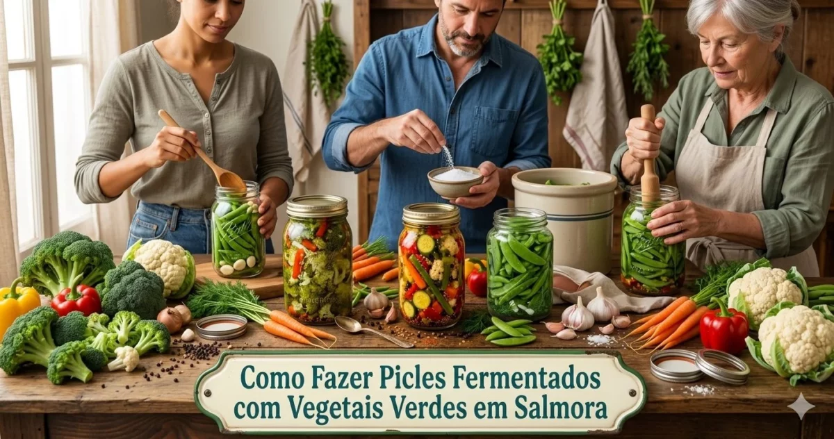 Três pessoas na cozinha preparando picles artesanais de vegetais verdes. Elas organizam brócolis, vagem e pepino em potes de vidro sobre uma mesa rústica repleta de ingredientes frescos, temperos e potes com salmoura no meio da produção.