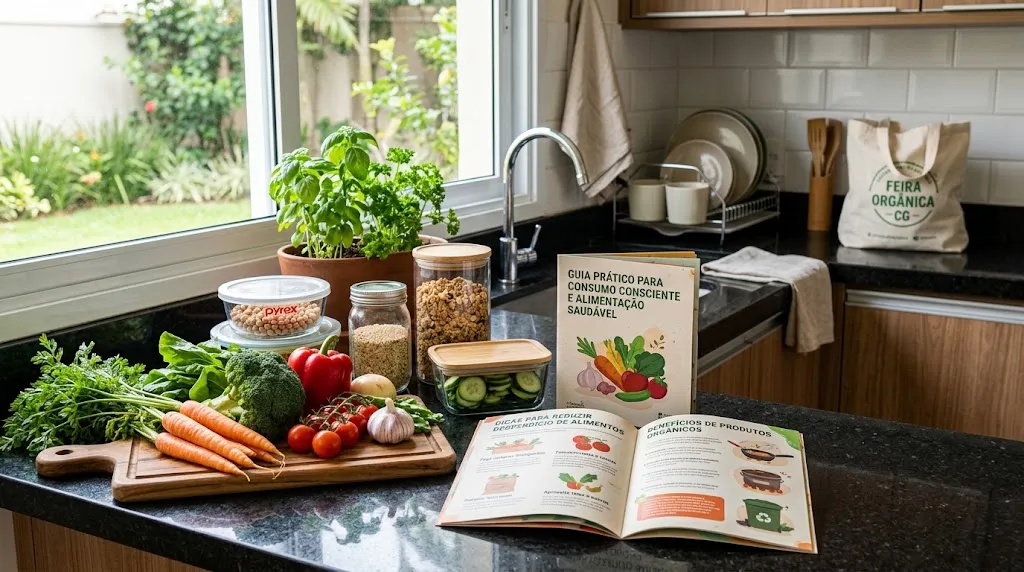 oto realista de uma bancada de cozinha. À esquerda, legumes frescos organizados sobre uma tábua. Ao centro, potes de vidro com grãos etiquetados. À direita, uma cartilha aberta do IDEC sobre Consumo Consciente e Alimentação Saudável.