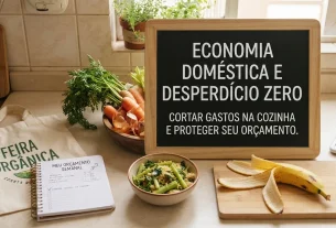 Bancada de cozinha com legumes frescos, cascas de banana, caderno de orçamento e um grande quadro negro centralizado com o texto "Economia Doméstica e Desperdício Zero: Cortar gastos na cozinha e proteger seu orçamento".