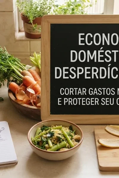 Bancada de cozinha com legumes frescos, cascas de banana, caderno de orçamento e um grande quadro negro centralizado com o texto "Economia Doméstica e Desperdício Zero: Cortar gastos na cozinha e proteger seu orçamento".