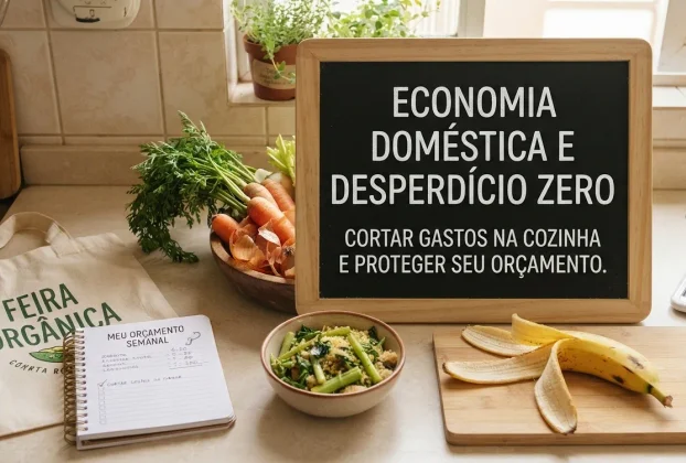 Bancada de cozinha com legumes frescos, cascas de banana, caderno de orçamento e um grande quadro negro centralizado com o texto "Economia Doméstica e Desperdício Zero: Cortar gastos na cozinha e proteger seu orçamento".