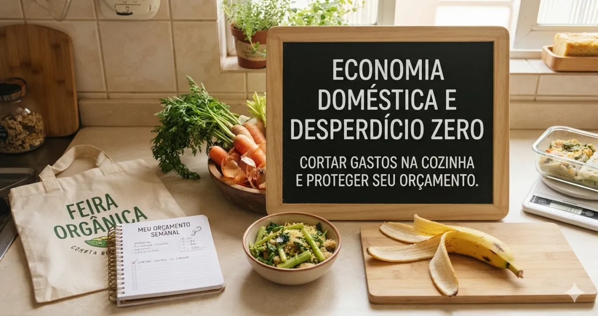 Bancada de cozinha com legumes frescos, cascas de banana, caderno de orçamento e um grande quadro negro centralizado com o texto "Economia Doméstica e Desperdício Zero: Cortar gastos na cozinha e proteger seu orçamento".