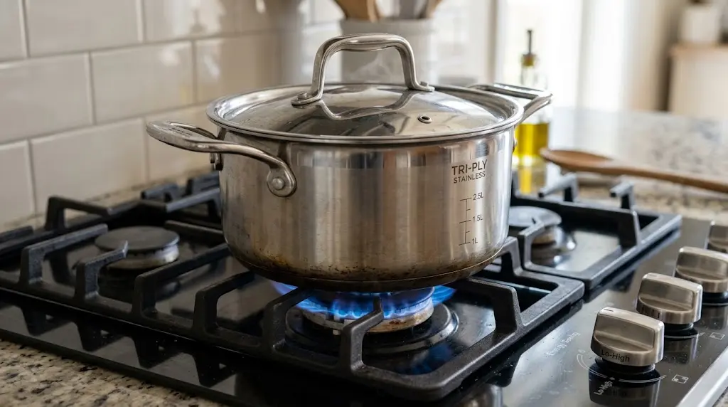 close-up realista de uma panela de aço inox tampada, centralizada em um queimador de fogão cooktop a gás. Uma chama azul pequena e estável está acesa sob a panela, ilustrando o uso eficiente do gás para cozinhar com a tampa.