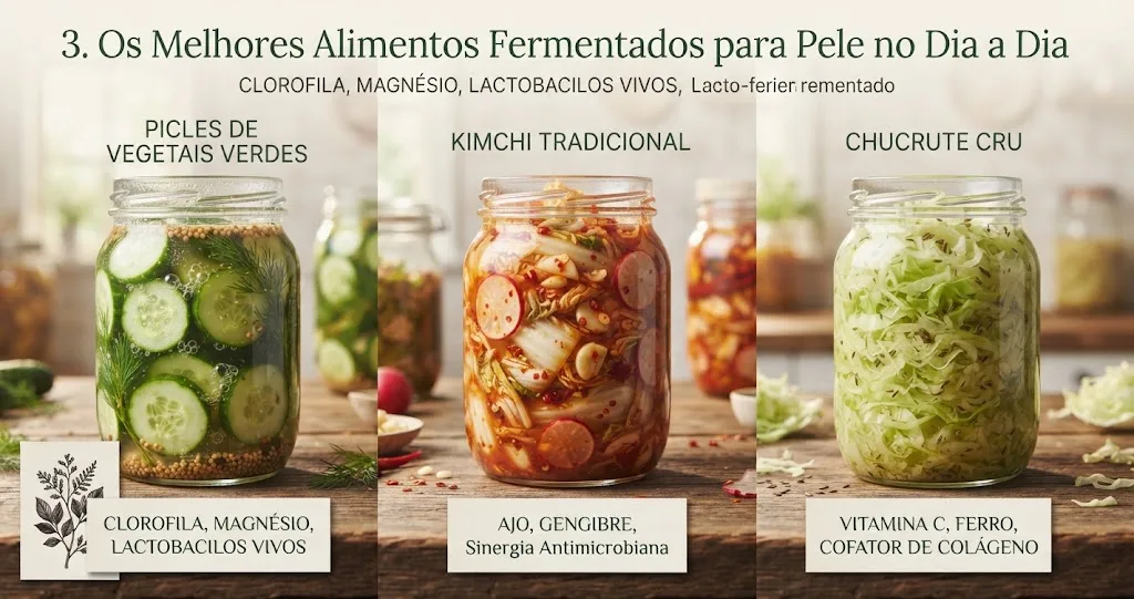 Infográfico visual mostrando os três melhores alimentos fermentados para pele: picles de vegetais verdes, kimchi tradicional e chucrute cru com seus respectivos benefícios nutricionais.