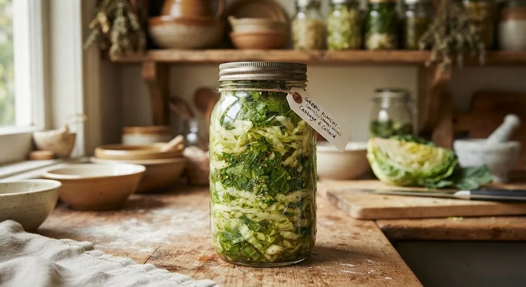 Pote de vidro com Kimchi Verde caseiro fresco, preparado com couve e repolho picados, sobre uma mesa de madeira rústica em uma cozinha acolhedora. Rótulo artesanal amarrado ao pote, com vegetais frescos ao fundo para ilustrar a fermentação natural.