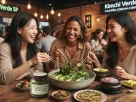 Duas mulheres coreanas e uma mulher brasileira sorrindo e comendo juntas em um restaurante aconchegante, compartilhando um prato de Kimchi Verde e diversos acompanhamentos tradicionais sobre uma mesa de madeira.