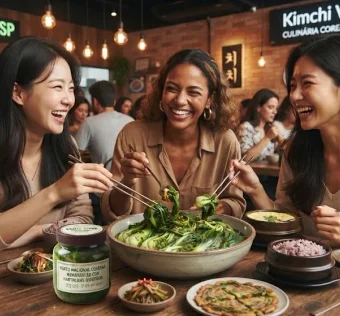 Duas mulheres coreanas e uma mulher brasileira sorrindo e comendo juntas em um restaurante aconchegante, compartilhando um prato de Kimchi Verde e diversos acompanhamentos tradicionais sobre uma mesa de madeira.