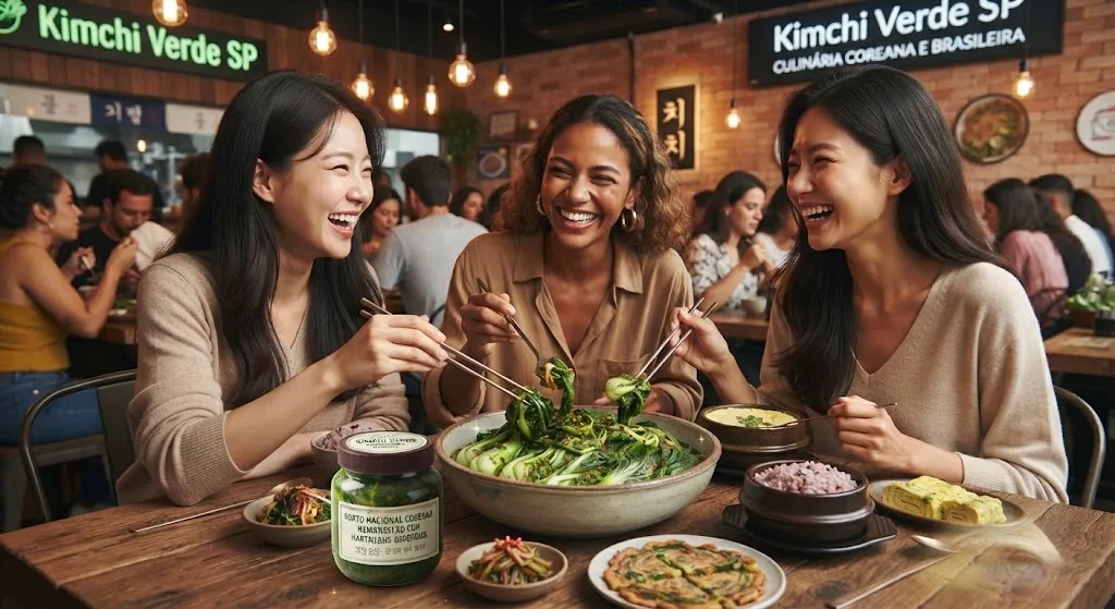 Duas mulheres coreanas e uma mulher brasileira sorrindo e comendo juntas em um restaurante aconchegante, compartilhando um prato de Kimchi Verde e diversos acompanhamentos tradicionais sobre uma mesa de madeira.