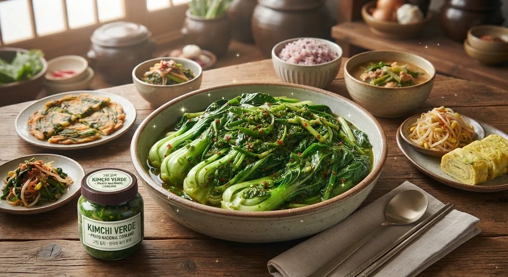 Mesa coreana tradicional de madeira com um prato central de Kimchi Verde fresco, tigelas de acompanhamentos variados, arroz, sopa e um pote artesanal com rótulo. Ideal para ilustrar a culinária coreana e pratos fermentados naturais.