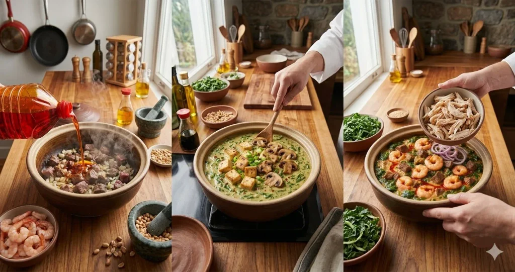 Três cenas de culinária em sequência sobre bancada de madeira: à esquerda, óleo sendo despejado na carne em cubos; ao centro, uma colher de pau mexe o Ndolé vegetariano com tofu e cogumelos; à direita, mãos adicionam frango sobre o prato pronto.
