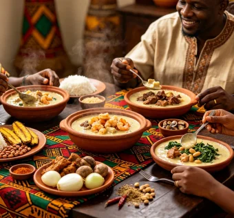 Três tigelas com Ndolé em mesa de madeira. À esquerda, a versão tradicional com camarões e cebola; ao centro, a opção vegetariana com cubos de tofu e cogumelos fatiados; à direita, a receita rápida finalizada com frango desfiado.