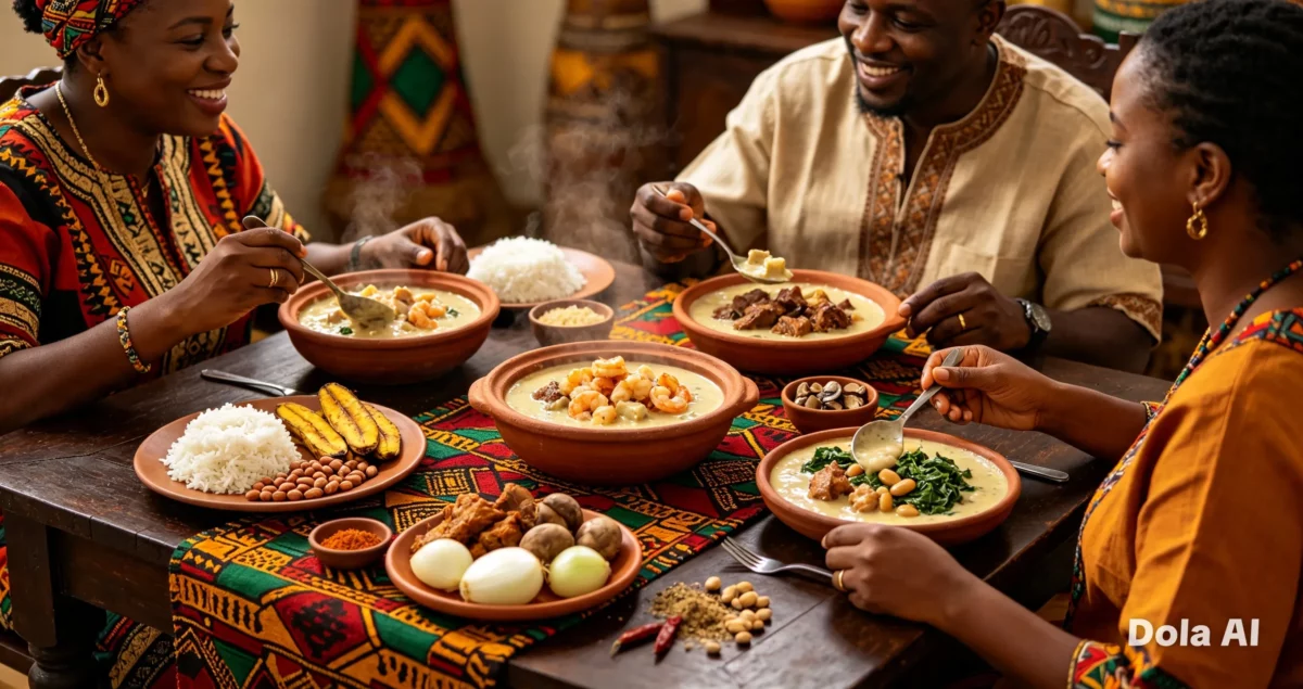 Três tigelas com Ndolé em mesa de madeira. À esquerda, a versão tradicional com camarões e cebola; ao centro, a opção vegetariana com cubos de tofu e cogumelos fatiados; à direita, a receita rápida finalizada com frango desfiado.