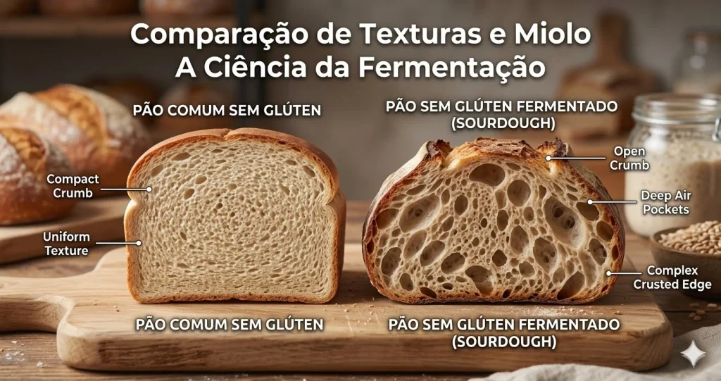 Comparação visual de duas fatias de pão sem glúten. À esquerda, o pão comum exibe um miolo denso e compacto. À direita, o pão de fermentação natural destaca alvéolos de ar abertos e uma casca rústica. Texto explicativo indica as diferenças.