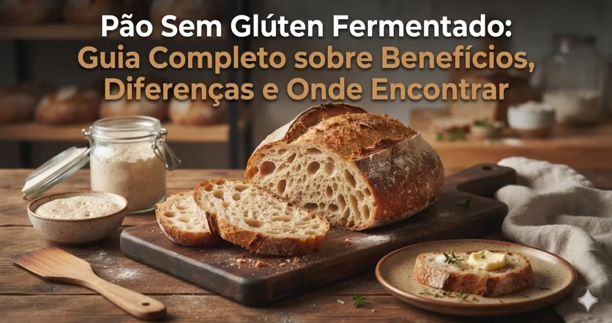 Pão artesanal sem glúten e fermentado fatiado sobre tábua de madeira em uma padaria. Ao lado, há um pote de vidro com levain natural ativo e uma fatia com manteiga. O título do artigo está escrito no topo da imagem.