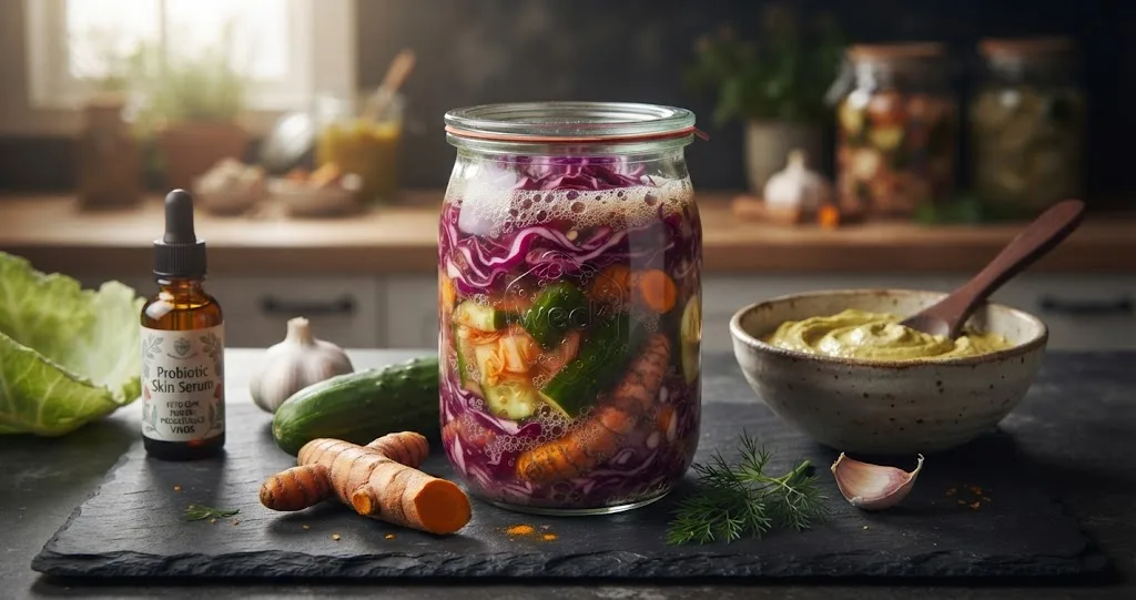 Pote de vidro com chucrute e vegetais fermentados, raiz de cúrcuma e frasco de sérum probiótico sobre uma tábua de ardósia preta em uma cozinha rústica.