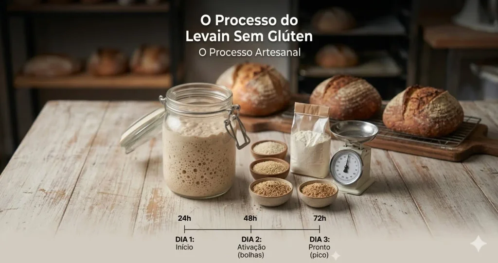 Pão sem glúten rústico e fatiado sobre tábua em uma padaria. Ao lado, há um pote com fermento natural levain ativo e uma fatia com manteiga. O título do artigo aparece escrito em letras brancas e beges no topo.