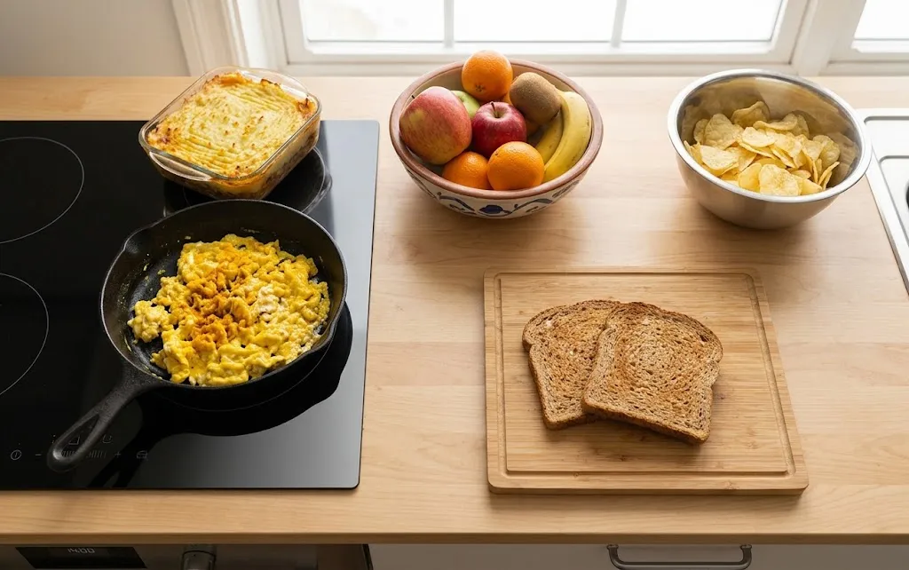 Uma bancada de cozinha em madeira clara com frigideira de ovos mexidos com cúrcuma, refratário de escondidinho, tigela de frutas, tigela de chips de batata e torsta em tábua.
