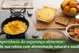 Uma imagem de grade 3x2 com seis pratos de comida caseira, natural e saudável, prontos em uma bancada de cozinha, com números de 1 a 6 no canto superior esquerdo de cada foto para identificação. O ambiente é acolhedor e foca na qualidade dos ingredientes para segurança alimentar.