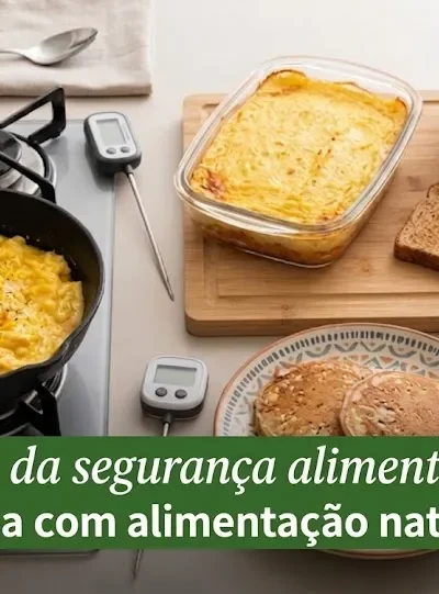 Uma imagem de grade 3x2 com seis pratos de comida caseira, natural e saudável, prontos em uma bancada de cozinha, com números de 1 a 6 no canto superior esquerdo de cada foto para identificação. O ambiente é acolhedor e foca na qualidade dos ingredientes para segurança alimentar.