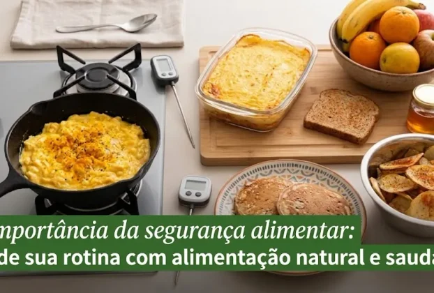 Uma imagem de grade 3x2 com seis pratos de comida caseira, natural e saudável, prontos em uma bancada de cozinha, com números de 1 a 6 no canto superior esquerdo de cada foto para identificação. O ambiente é acolhedor e foca na qualidade dos ingredientes para segurança alimentar.