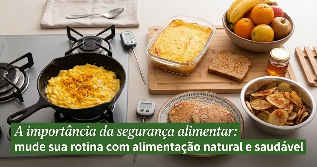 Uma imagem de grade 3x2 com seis pratos de comida caseira, natural e saudável, prontos em uma bancada de cozinha, com números de 1 a 6 no canto superior esquerdo de cada foto para identificação. O ambiente é acolhedor e foca na qualidade dos ingredientes para segurança alimentar.