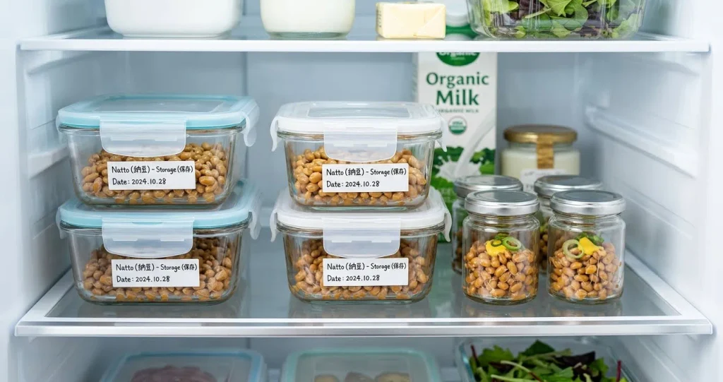 O Guia Completo da Fermentação Caseira Joponesa Potes de vidro herméticos e frascos organizados em uma prateleira limpa e iluminada de geladeira moderna. Os recipientes transparentes estão cheios de grãos de natto fresco e trazem etiquetas brancas com anotações de armazenamento e data de validade legíveis.
