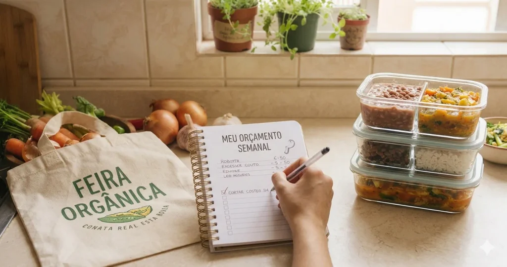 Economia doméstica e desperdício zero: Mão escrevendo em um caderno escrito "Meu Orçamento Semanal" sobre uma bancada de cozinha. Ao lado, há uma sacola de feira orgânica com vegetais e uma pilha de potes de vidro transparentes com marmitas prontas divididas em porções.