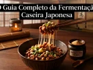 Foto em close de natto tradicional em uma tigela de cerâmica sobre mesa de madeira japonesa. Hashis suspendem os grãos fermentados de soja, revelando filamentos viscosos e translúcidos característicos. Ao fundo rústico, há uma vela acesa e um pote de cultura Bacillus subtilis.