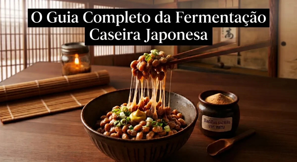 O Guia Completo da Fermentação Caseira Joponesa Foto em close de natto tradicional em uma tigela de cerâmica sobre mesa de madeira japonesa. Hashis suspendem os grãos fermentados de soja, revelando filamentos viscosos e translúcidos característicos. Ao fundo rústico, há uma vela acesa e um pote de cultura Bacillus subtilis.