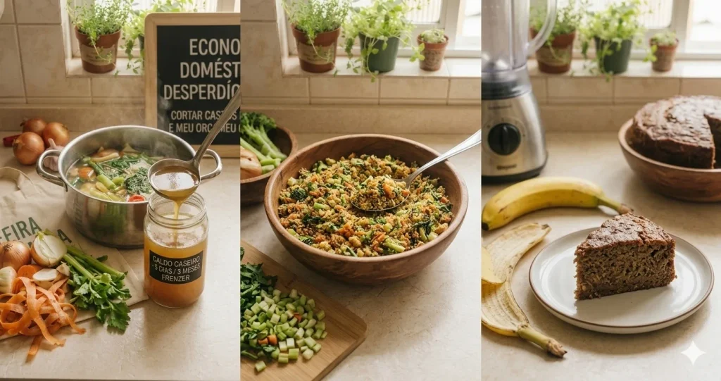 Colagem com três imagens de receitas sustentáveis: à esquerda, uma concha despeja caldo caseiro de legumes em um pote; no centro, uma tigela de madeira com farofa crocante de talos e folhas; à direita, uma fatia de bolo de casca de banana em um prato. 