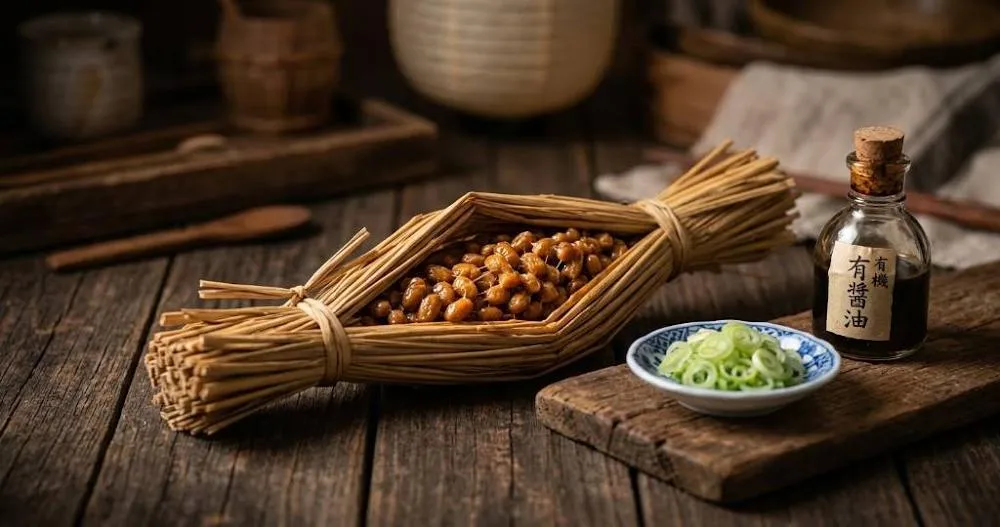 O Guia Completo da Fermentação Caseira Joponesa Grãos de soja em fermentação caseira japonesa exibindo os tradicionais filamentos viscosos e translúcidos sendo erguidos por hashis sobre uma tigela de cerâmica.