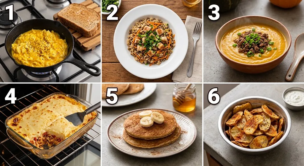 Uma imagem em grade com 6 fotos de pratos saudáveis e fáceis de preparar, alinhados com a segurança alimentar: ovos mexidos com cúrcuma, mexido de frango e lentilha, creme de abóbora com gengibre, escondidinho de mandioca, panquecas de aveia e banana, e chips de casca de batata.