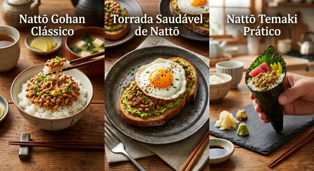 O Guia Completo da Fermentação Caseira Joponesa Montagem de três fotos com os pratos Nattō Gohan Clássico servido em tigela com hashis, Torrada Saudável de Nattō coberta por ovo frito e Nattō Temaki Prático em formato de cone na mão. O fundo exibe uma cozinha de estética japonesa rústica e acolhedora.